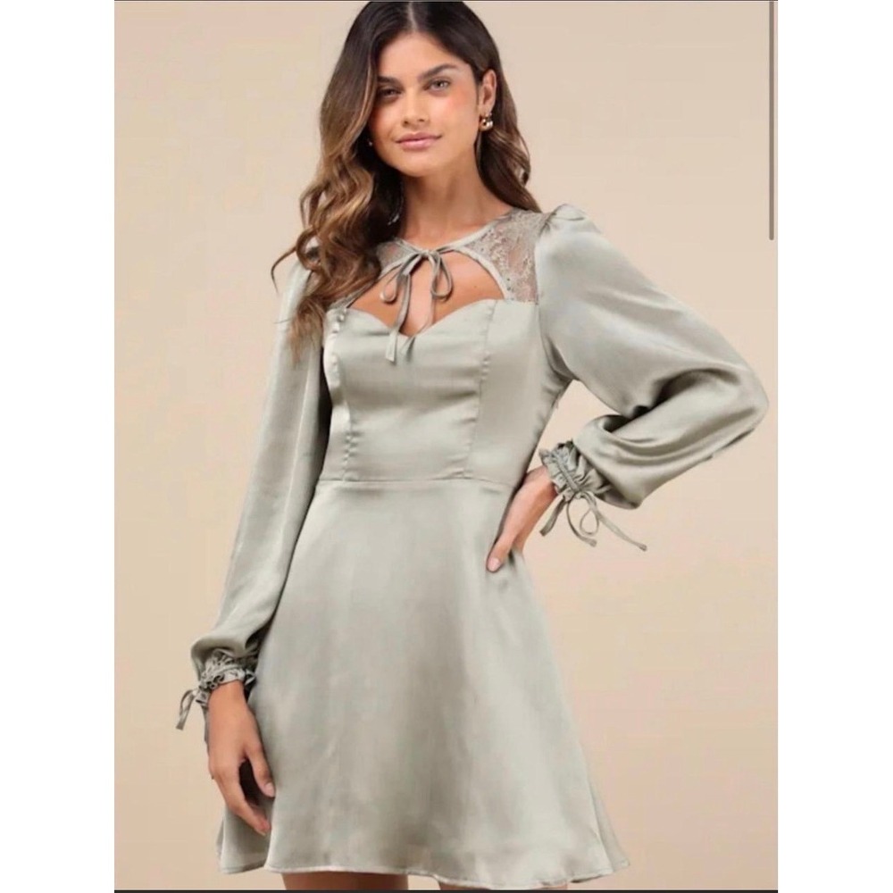 Lulus Satin Mini Dress M Sage Green Lace Keyhole Long Sleeve Cottagecore Fairy